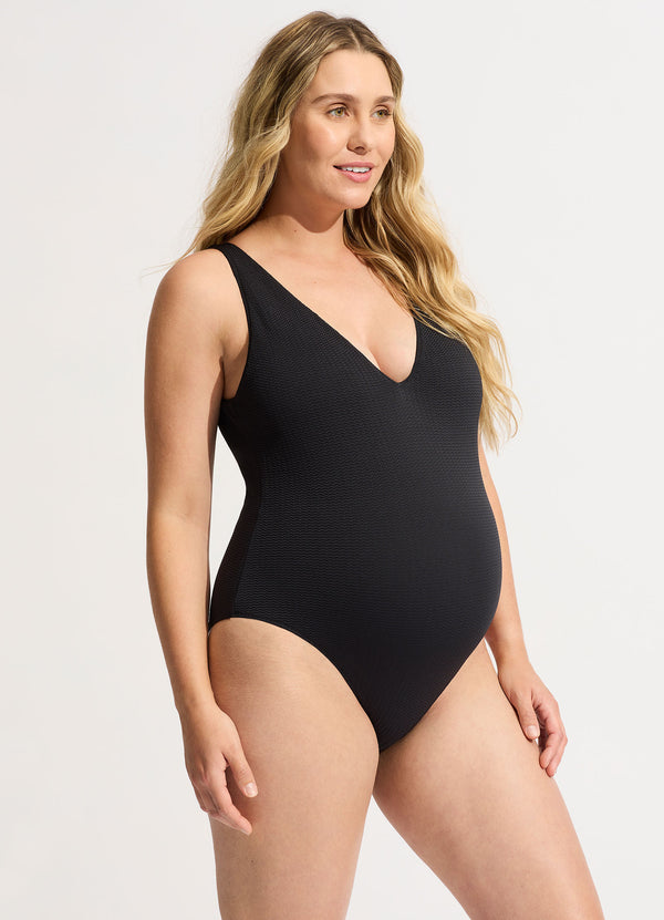 Sea Dive Deep V Neck One Piece - Black