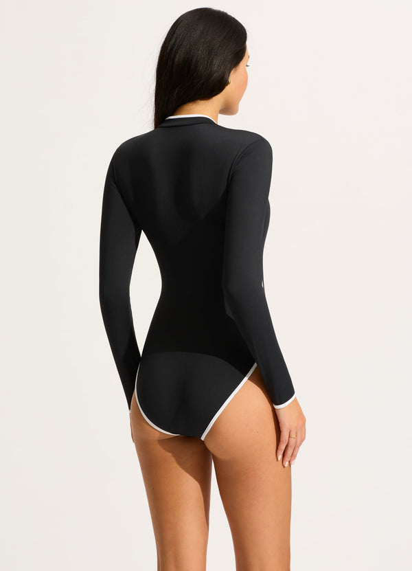 Seafolly Collective Long Sleeve Zip Front One Piece - Black