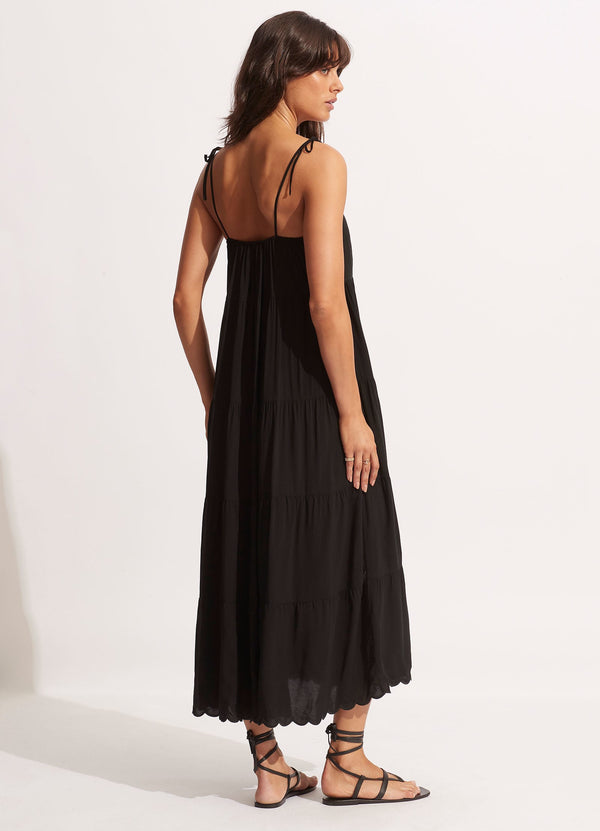 Gia Scallop Midi Dress - Black