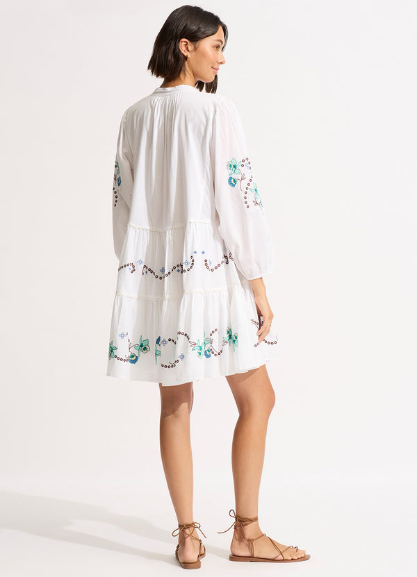 Eden Embroidery Tier Midi Dress - White