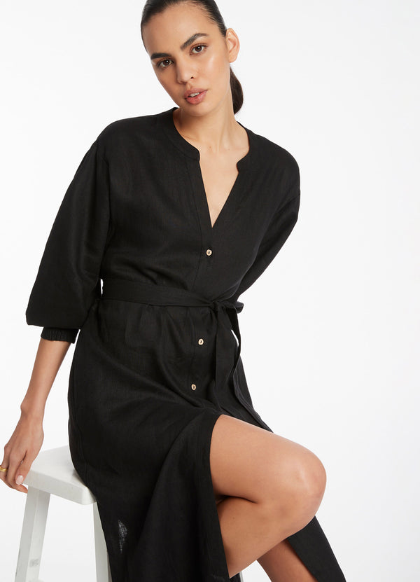 Jetset Shirred Cuff Shirt Dress - Black