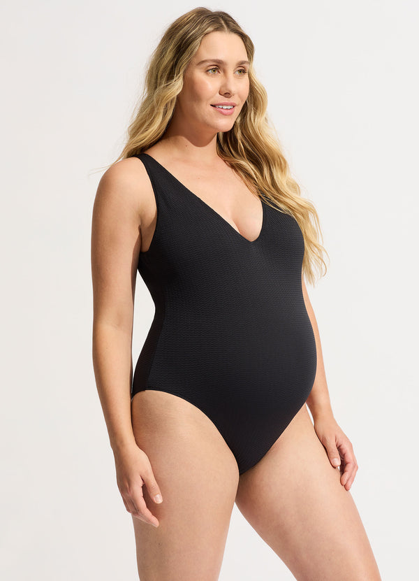 French Cut One Pieced Bathing Suit - Black / V Neck