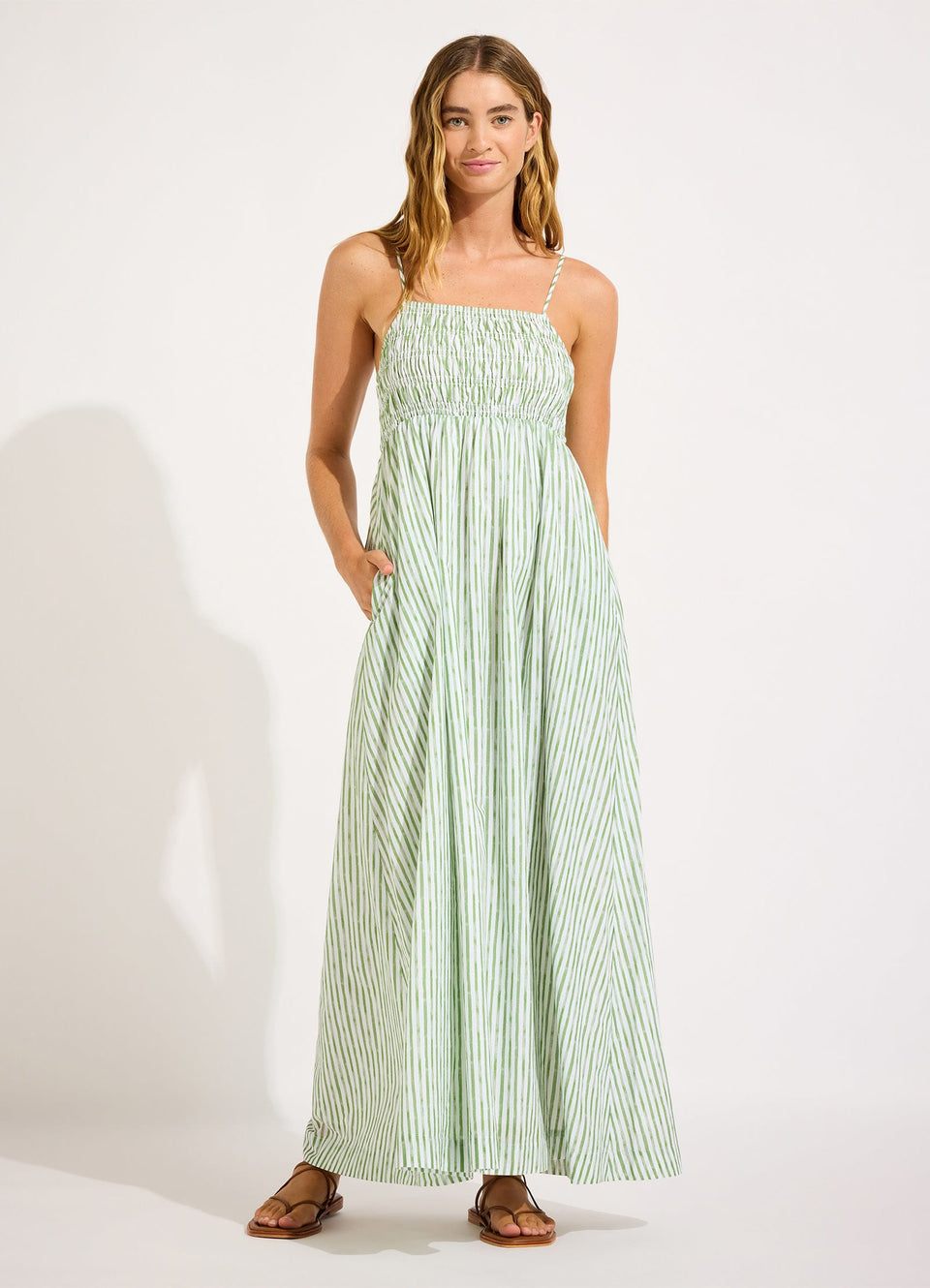 seafolly green dress Seafolly Australia Beach Dress Seafolly Maxi Dress Shirred Spot Print Bardot Dress In Green Roman Originals