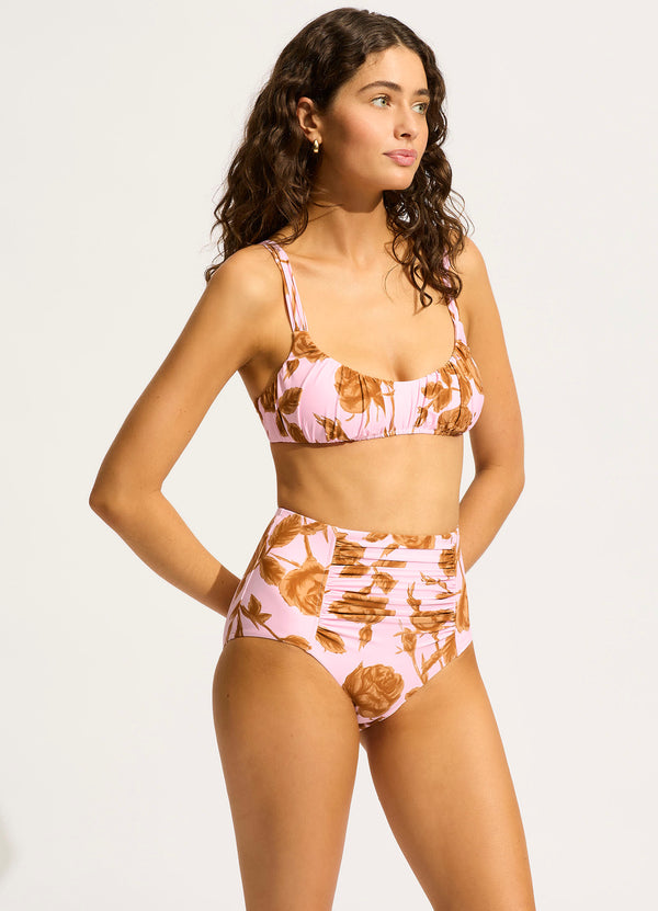 Rococo Ruched Front High Waisted Bikini Bottom - Blossom