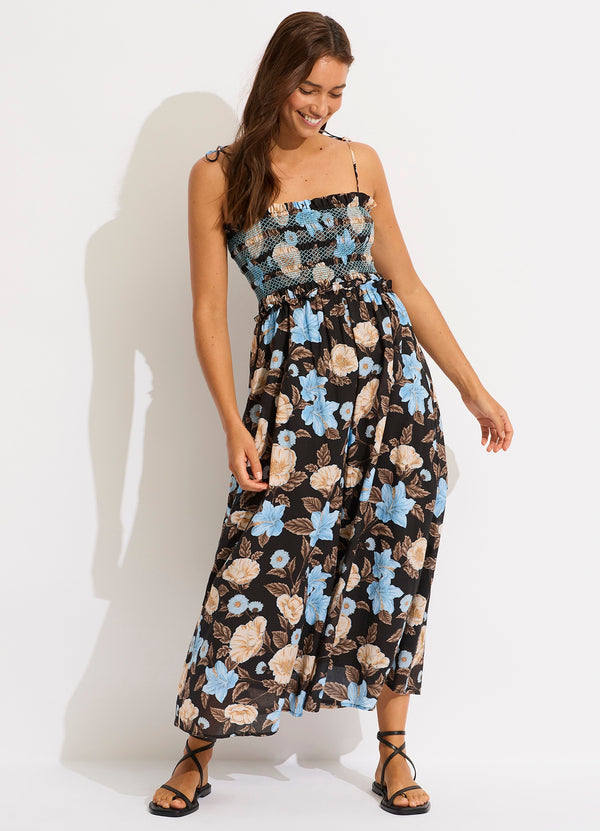 Garden Party Smocking Midi Dress - Black