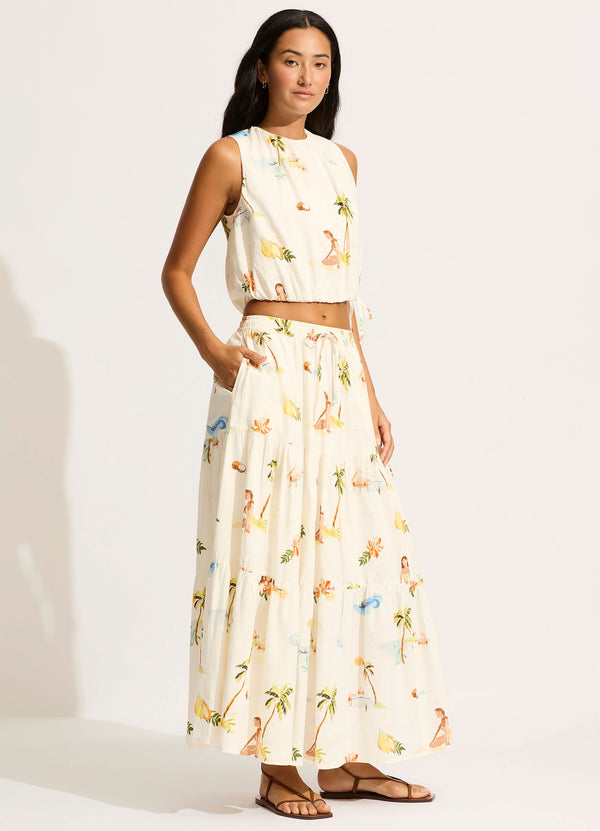 Isla Palm Drawcord Waist Top - Ecru