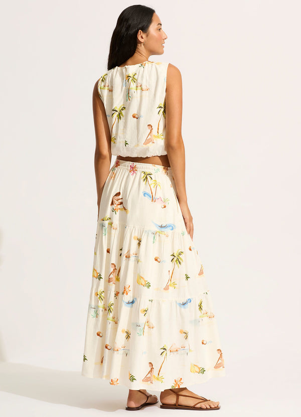 Isla Palm Drawcord Waist Top - Ecru