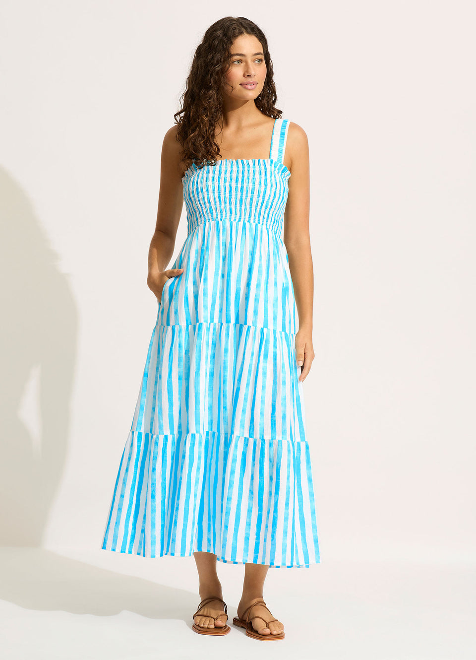 Shirred Midi Dress - Turquoise Shirred Midi Dress - Turquoise