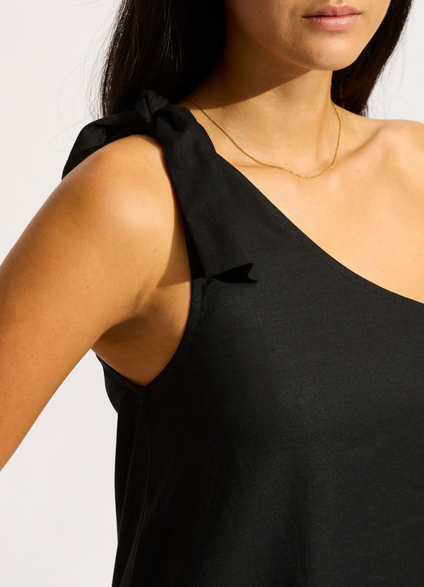 One Shoulder Mini Dress        - Black