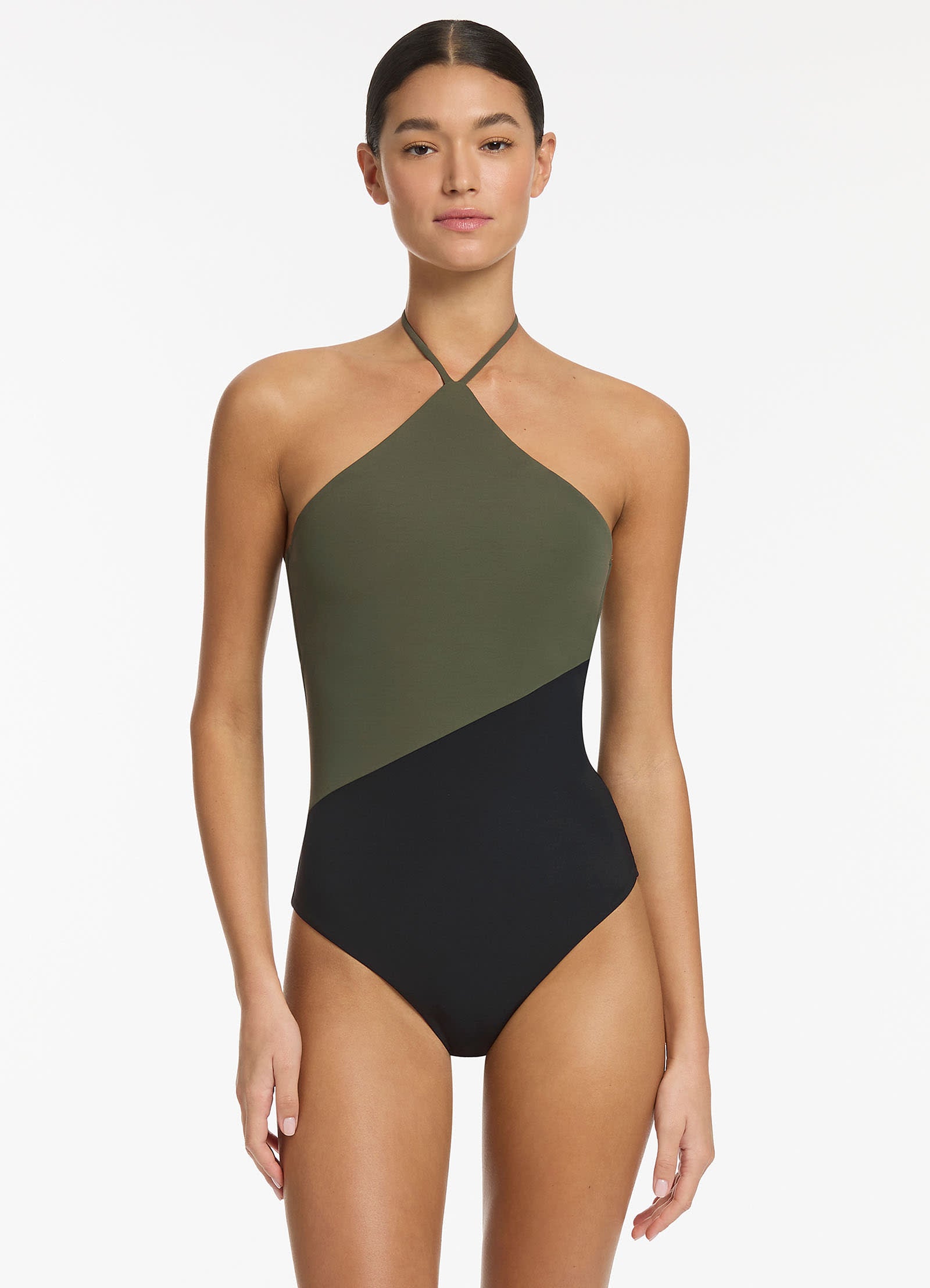 Versa High Neck Halter One Piece - Olive/Black – Seafolly US