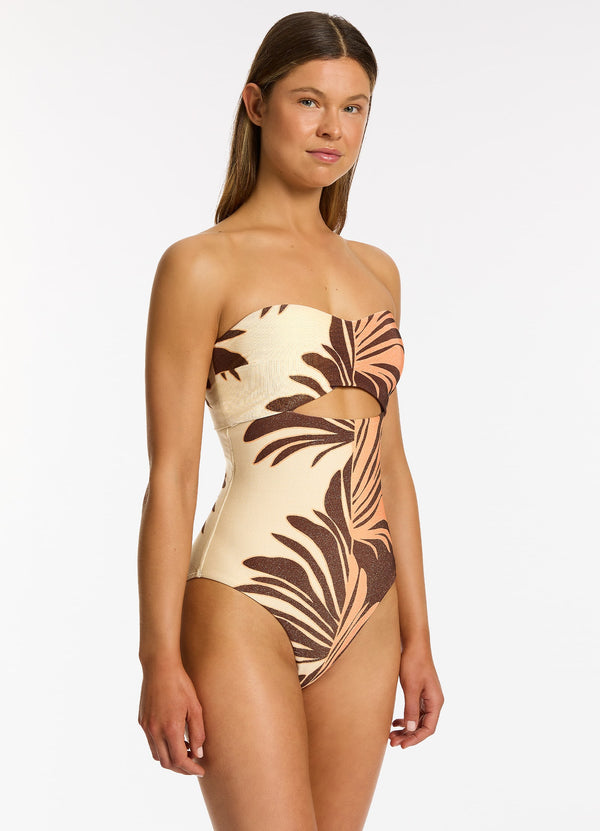 Dahlia Palm Cut Out Bandeau One Piece - Chocolate