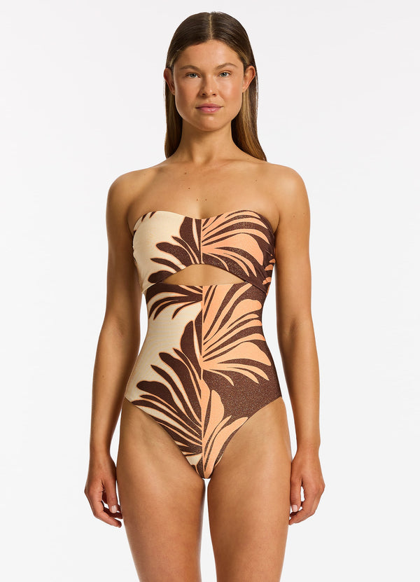 Dahlia Palm Cut Out Bandeau One Piece - Chocolate