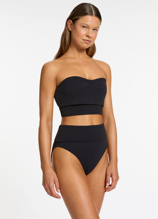 Isla Rib Fold Down High Waisted Bikini Bottom - Black