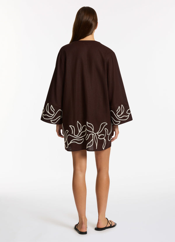 Dahlia Palm Embroidered Mini Kaftan - Chocolate