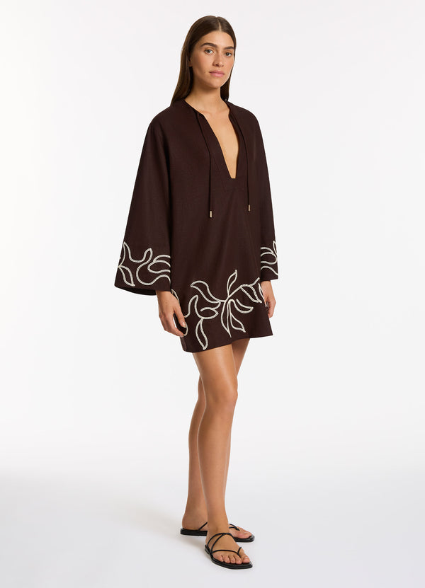 Dahlia Palm Embroidered Mini Kaftan - Chocolate