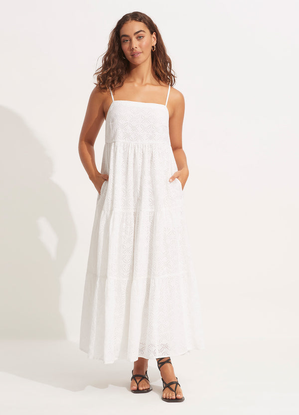 Embroidery Tiered Dress - White