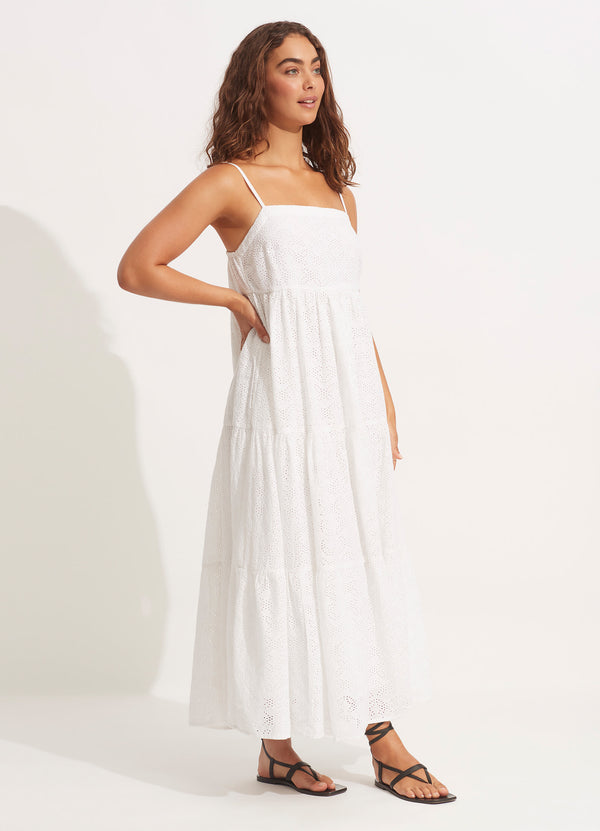 Embroidery Tiered Dress - White