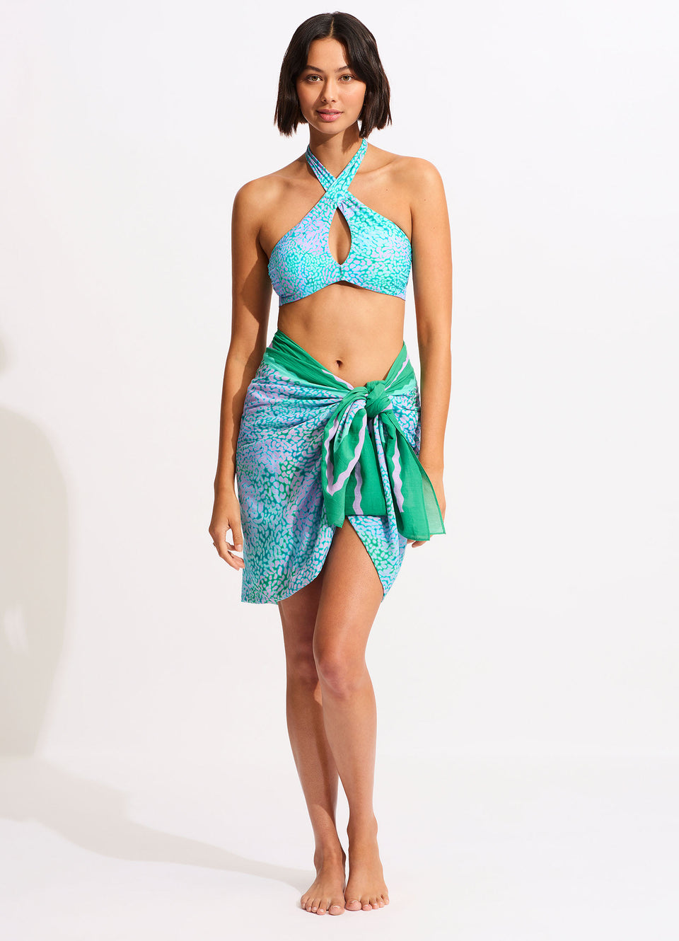 1 World Sarongs Mens Aqua Breeze Mini Solid Fringeless Swimsuit Cover-Up  Sarong in Light Aqua - 1 World Sarongs