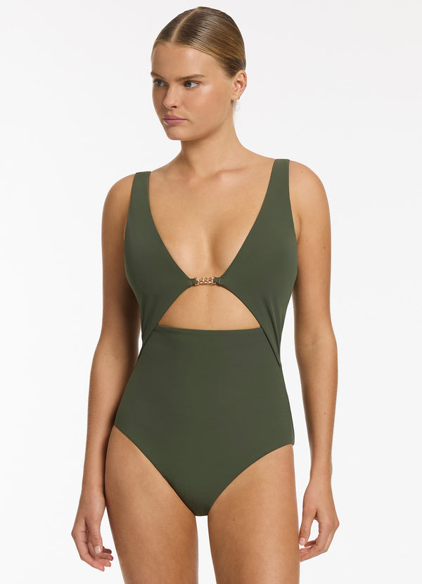 SEA LEVEL Honeycomb Plunge One-piece Swimsuit - Green